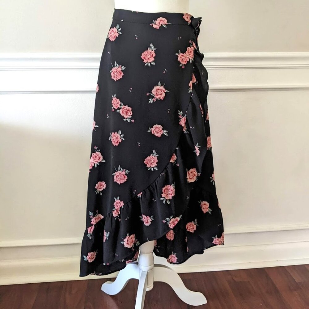 H&M rose print ruffle wrap midi high low skirt
